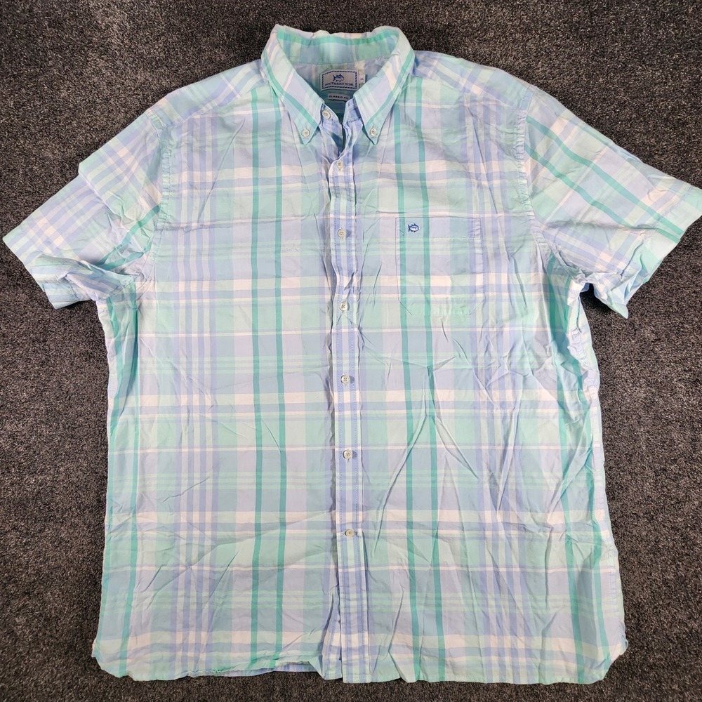 Southern Tide Button Down Shirt Mens XL Blue Green Plaid Short Sleeve EUC